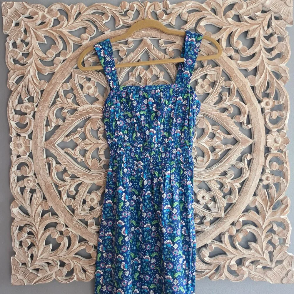 LOFT Blue Floral Shirred Flounce Maxi Dress 100% Cotton Sz XXS - Picture 3 of 9